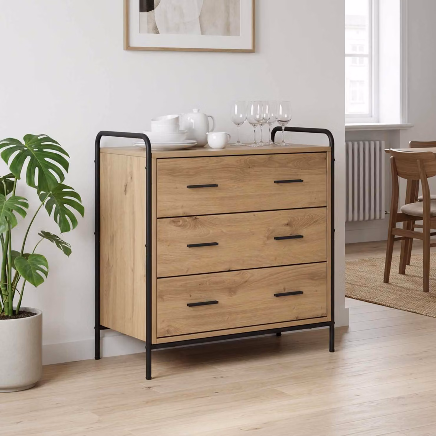 Carrello mobile con cassetti vidaXL in rovere artigianale e metallo, colore marrone, L 70 cm x P 39,5 cm x H 71 cm