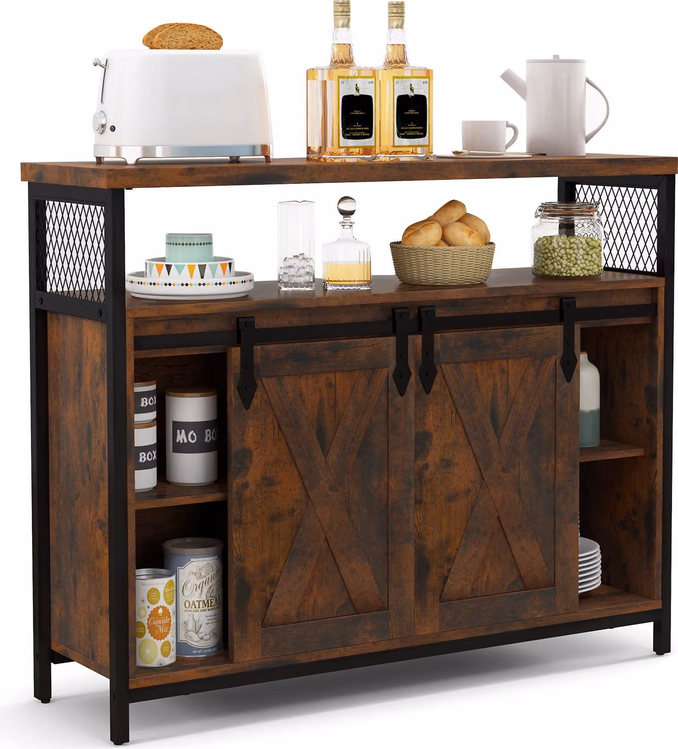 COSTWAY Armadio a buffet con spazio di archiviazione, mobile bar in stile casalingo con ripiani regolabili a 3 livelli, porte scorrevoli e scomparti aperti Marrone