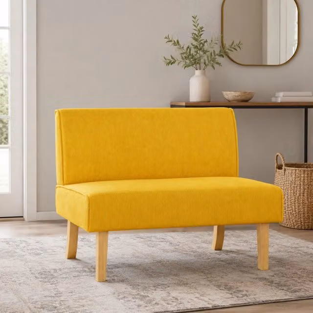 Divano 2 posti tessuto effetto velluto a coste giallo con struttura in legno massello, 110 x 62 x 85 cm