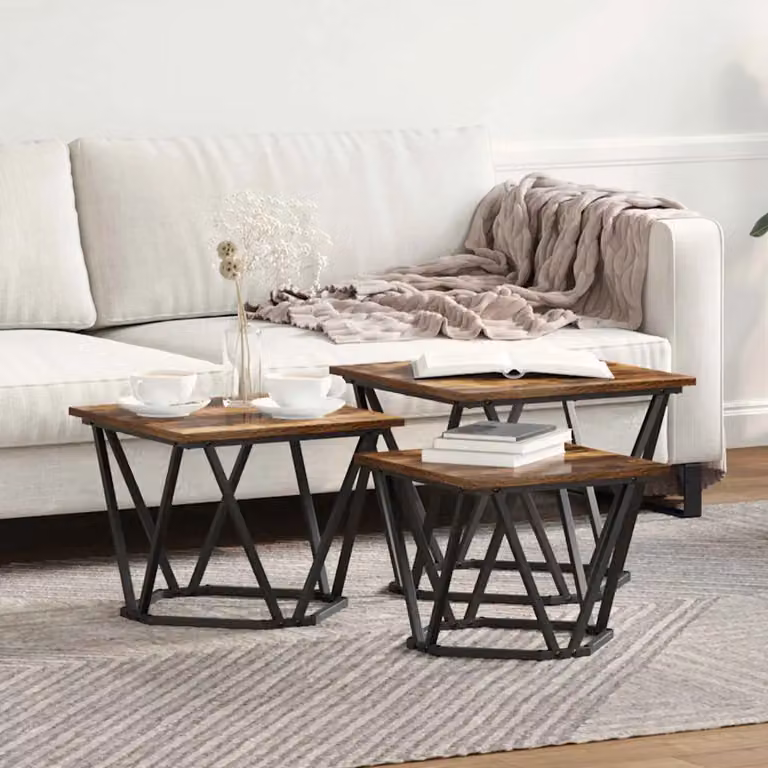 Set di 3 tavolini da salotto moderni vidaXL in rovere e metallo marrone, L/P/H: 50 x 50 x 40 cm