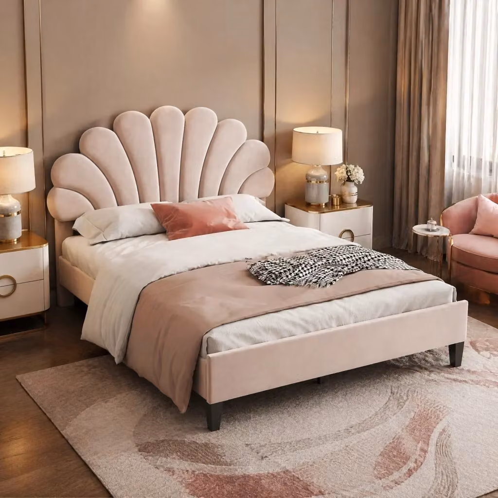 Letto Imbottito REDOM in Velluto Beige con Testiera Floreale L/P/H: 140 x 200 cm – 2