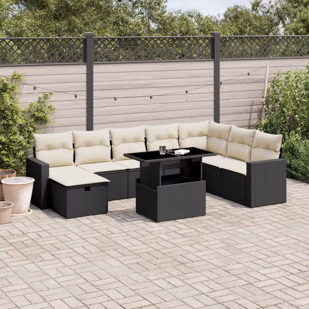 vidaXL Set Divani da Giardino a L 9 pz in Polyrattan Nero con Cuscini e Tavolino da Esterno – 1