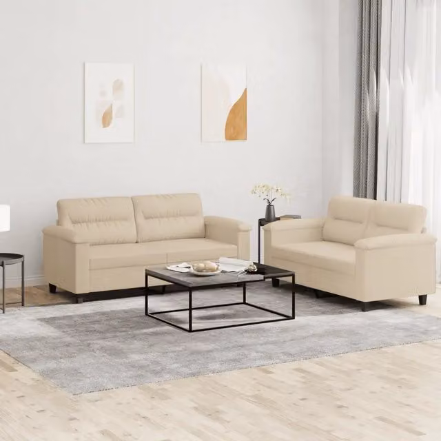 Set Divani 2 pz con Cuscini Crema in Tessuto Microfibra 3202318