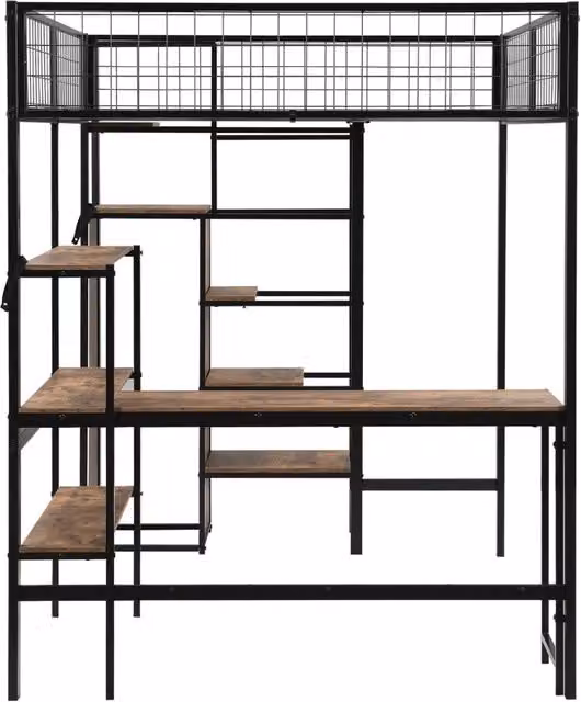 Letto a soppalco in metallo nero 140x200 cm con scrivania, armadio integrato e scaffali