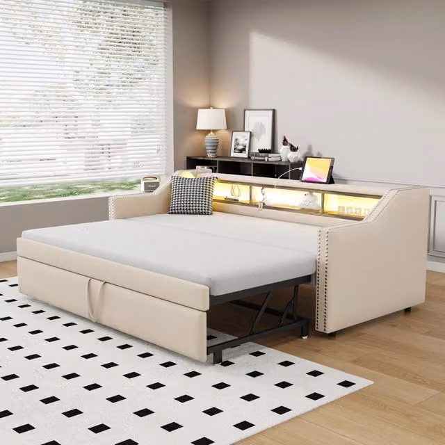 Letto divano estraibile 90 × 190 e 180 × 190 cm per 1 o 2 posti con LED e presa USB, senza materasso, beige