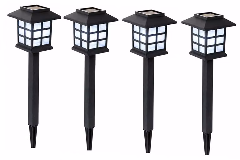 Set di 4 lampioni solari a LED, colore nero, design a lanterna, altezza 38 cm