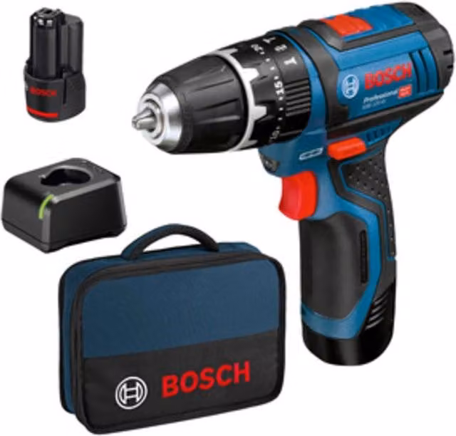 Trapano avvitatore Bosch GSB 12V-15 con 2 batterie ricaricabili da 2,0 Ah blu