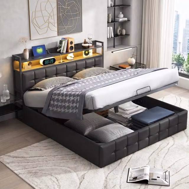 Letto matrimoniale 140x200 cm con contenitore LED USB testiera struttura letto MDF e PU - grigio