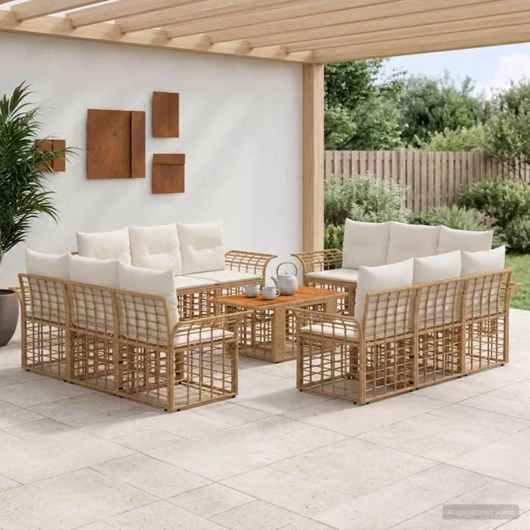 Set Divano da Giardino vidaXL 13 pz in Polyrattan con Cuscini, Colore Naturale e Bianco Crema