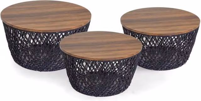 Tavolino Legno Contenitore 1-3 Nero Tondo Cm ø66h34
