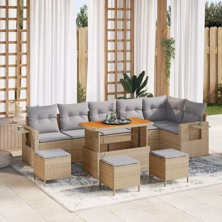 Set Divano da Giardino 10 Pezzi vidaXL in Polyrattan Beige con Cuscini e Tavolino