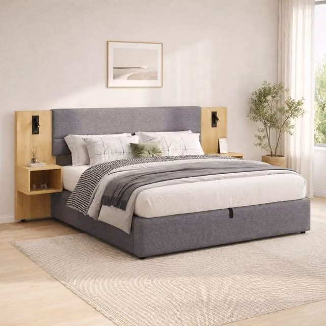 Letto Contenitore REDOM in Velluto Grigio e Beige con Base a Sollevamento, Porta USB, Luce da Lettura Integrata e Ripiani, L/P: 160 x 200 cm