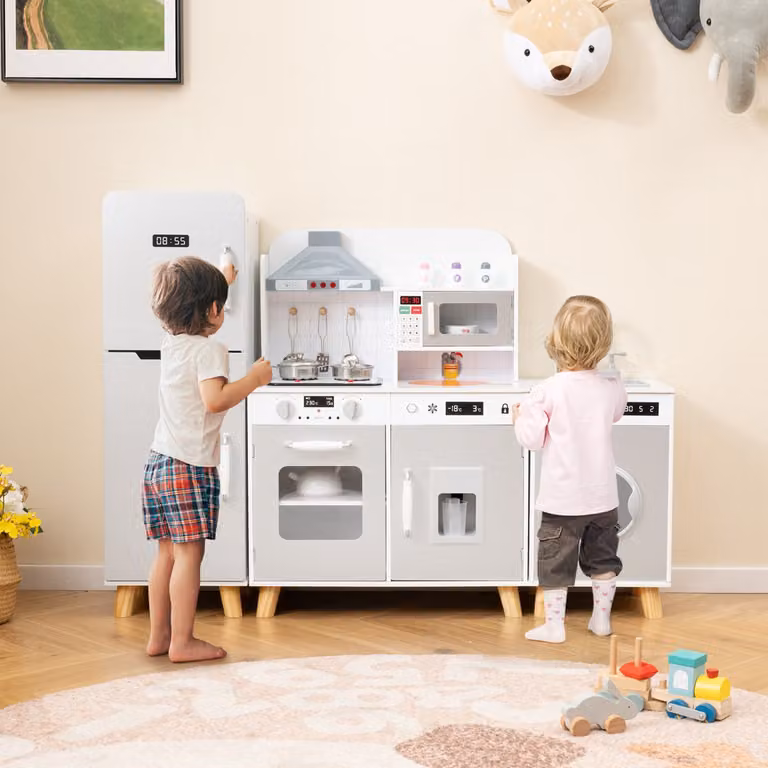 Set da cucina giocattolo Costway con frigorifero, lavatrice e macchina del ghiaccio per bambini dai 3 anni in su, Bianco e grigio