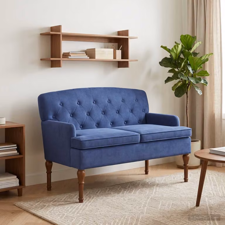 Loveseat vidaXL in velluto blu con bottoni imbottiti e coperture rimovibili L: 111 cm, P: 65 cm, H: 79 cm