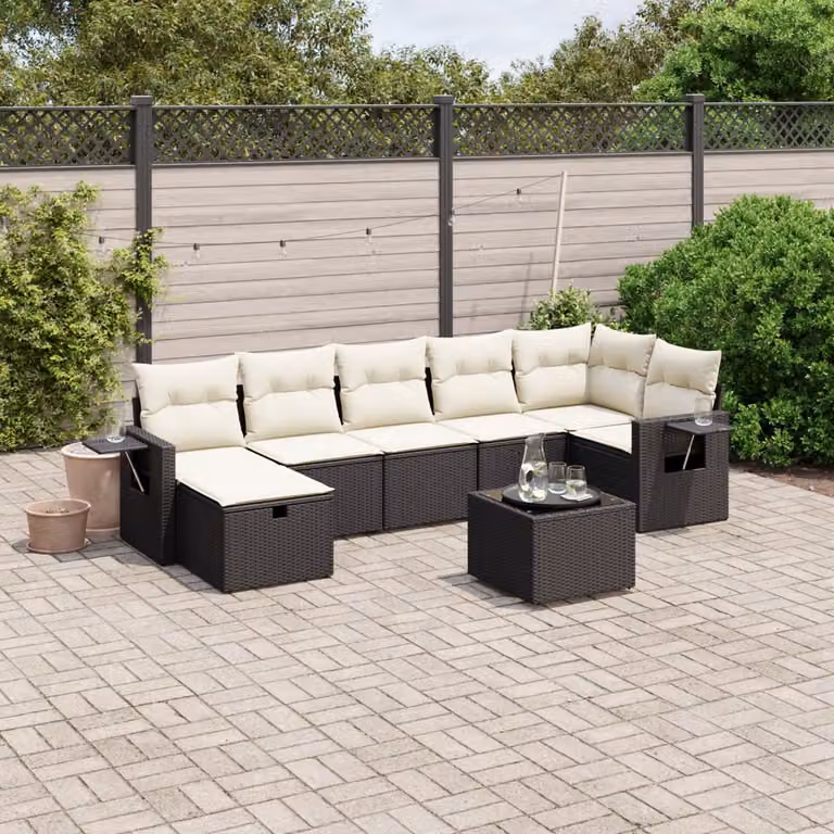 Set Divani da Giardino a L vidaXL con 8 Pezzi, Polyrattan e Cuscini Bianchi e Neri con Tavolino e Ottoman