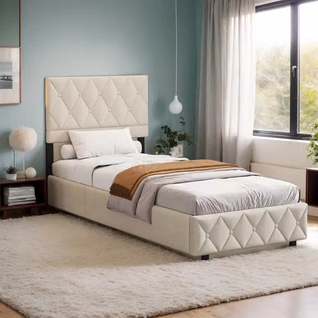 Letto singolo imbottito beige in velluto, struttura MDF ferro, supporto centrale
