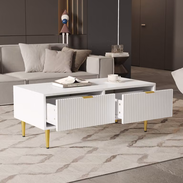 Sweiko Tavolino moderno bianco con accenti dorati, 2 cassetti, design a righe verticali, 100x50x40cm, tavolino da salotto, mobile corto per divano