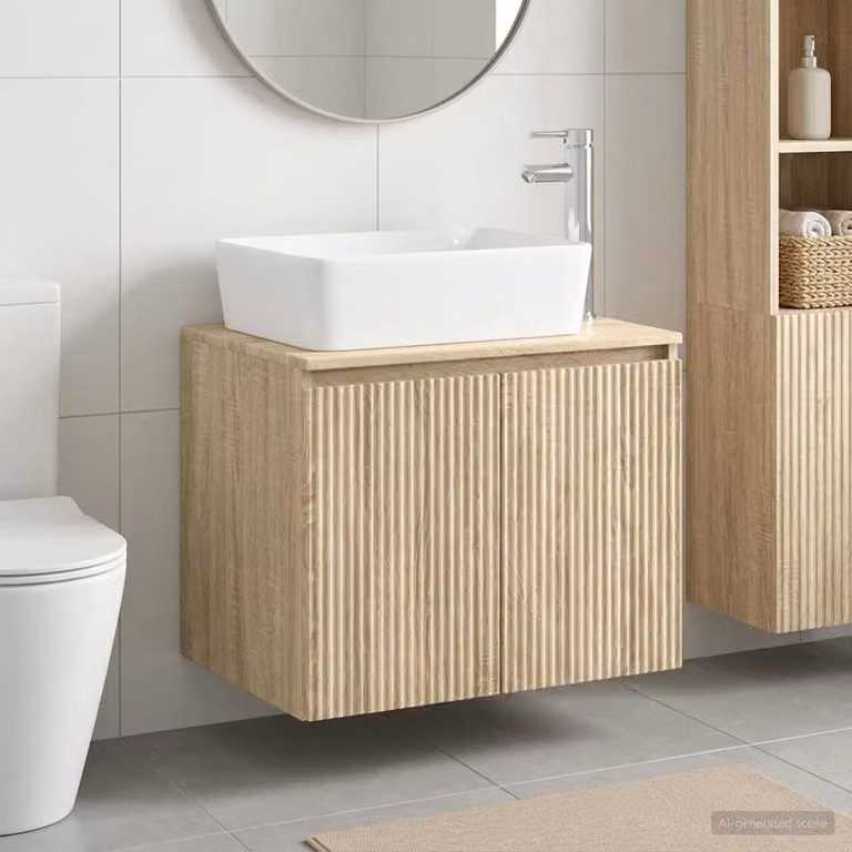 Set di mobili per il bagno vidaXL in legno MDF color rovere con ante a battente e montaggio a parete