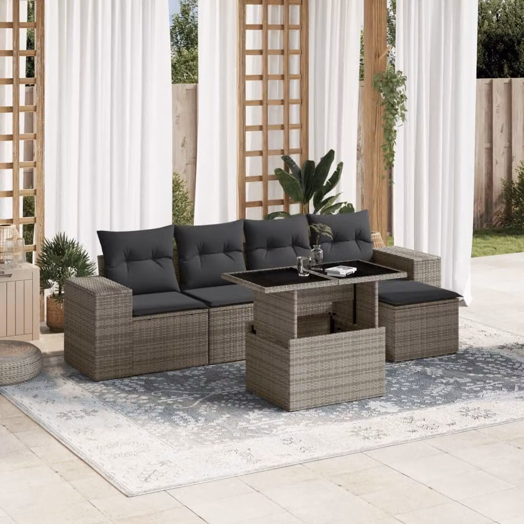 vidaXL Set Divano da Giardino 6 pz a L in Polyrattan Grigio con Cuscini e Tavolino – 1