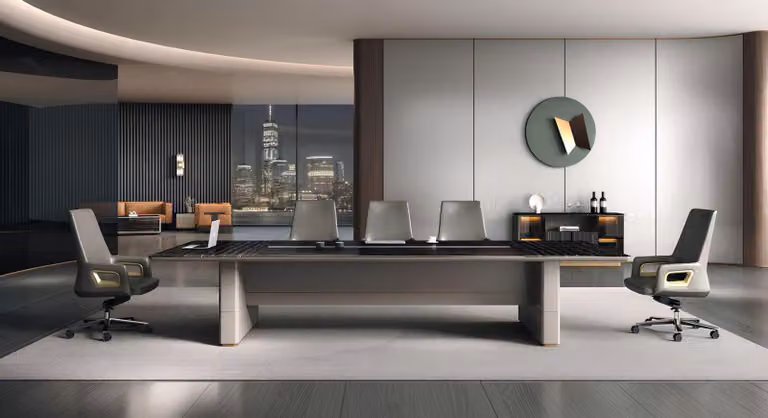 Elegante set da ufficio: grande tavolo da riunione, raffinata credenza, 2 pezzi