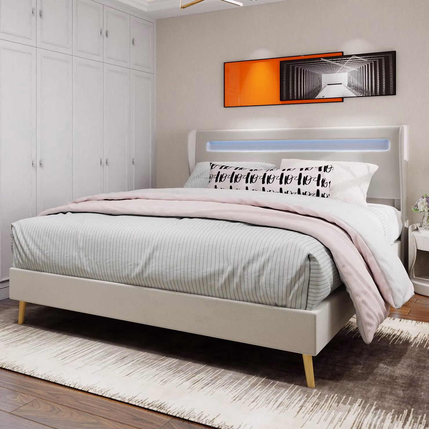 Letto imbottito moderno e minimalista Sweiko con testiera morbida retroilluminata a LED, 140x200 cm, Beige, Mobili da camera da letto multifunzionali, Base bassa senza supporto (senza alzata a gas), materasso non incluso.