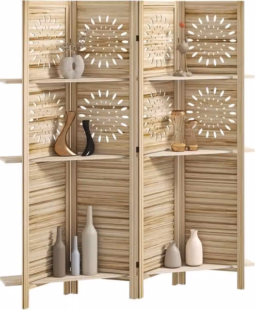 Paravento Xylo con 4 pannelli e 3 ripiani in legno di paulownia naturale colore beige e marrone H: 170 cm, L: 160 cm