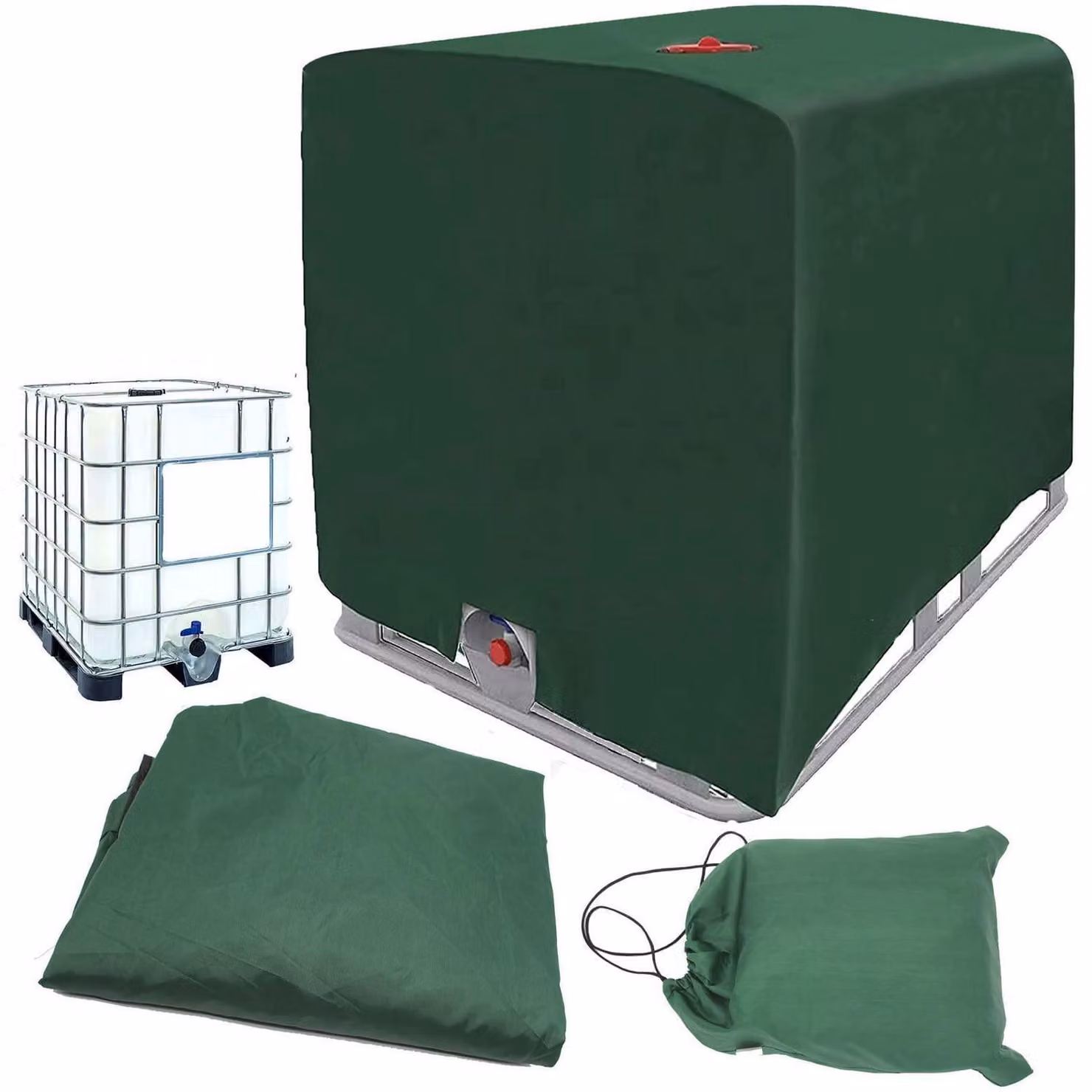 Copertura per serbatoio IBC da 1000 litri, dimensioni 120x100x116 cm, colore verde, realizzata in tessuto Oxford 420D, impermeabile e con protezione solare