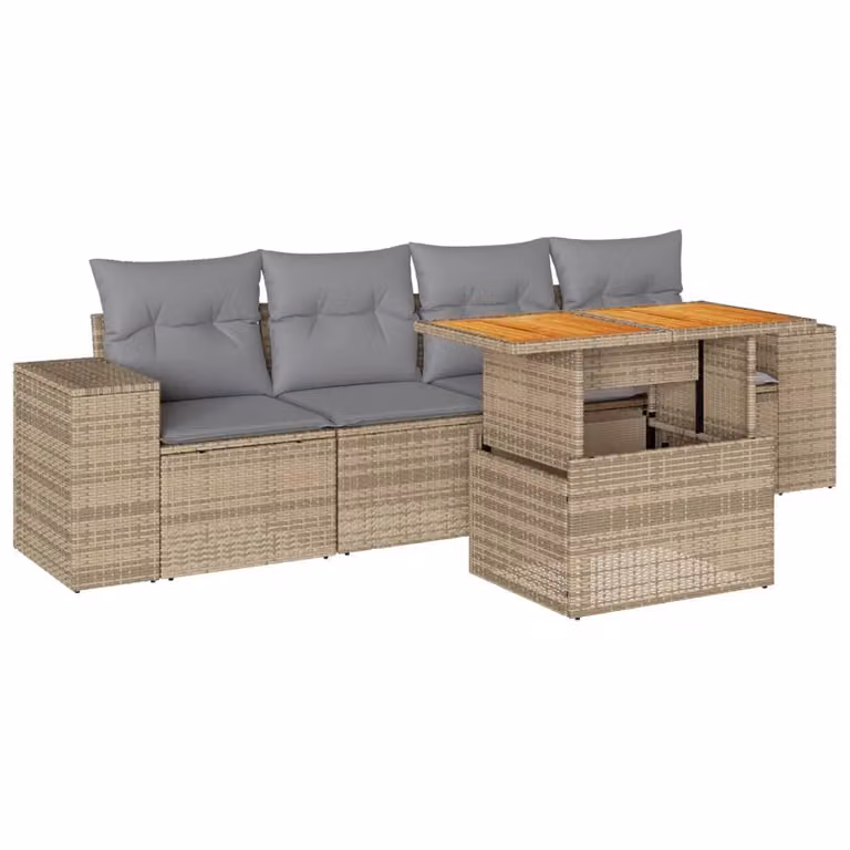 Set Divano da Giardino 5 pz con Cuscini Beige in Polyrattan