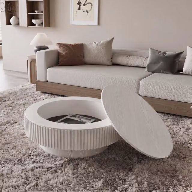 Tavolino da Caffè Rotondo 75 cm, Legno Massello Impiallacciato, Bianco Retrò, con Vano Portaoggetti, Moderno per Soggiorno, Camera, Ufficio