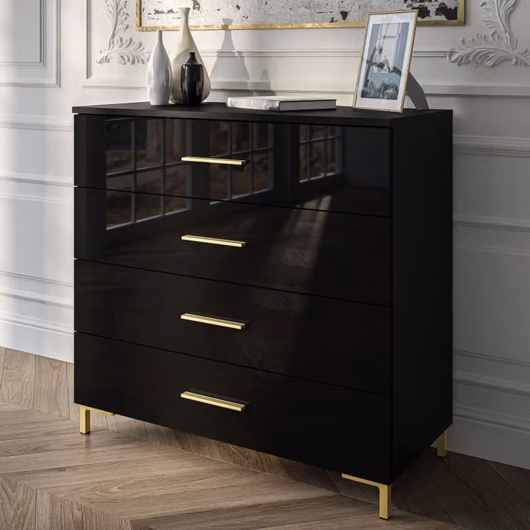 Comodà LINA GOLD 95 nero lucido con maniglie e gambe dorate e illuminazione a LED