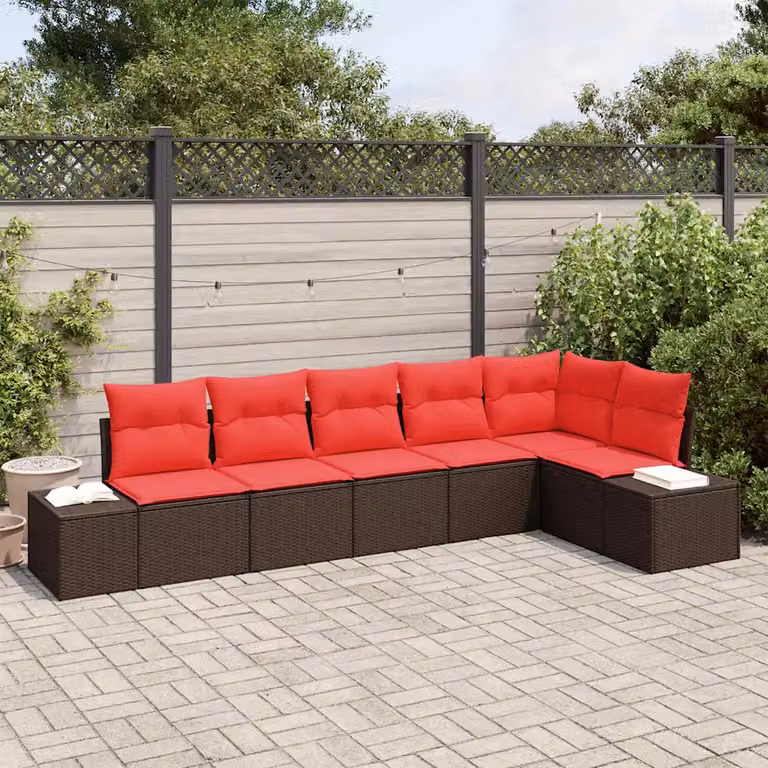 Set Divano da Giardino vidaXL a Forma di L composto da 6 Pezzi in Polyrattan con Cuscini Imbottiti Marrone e Rosso