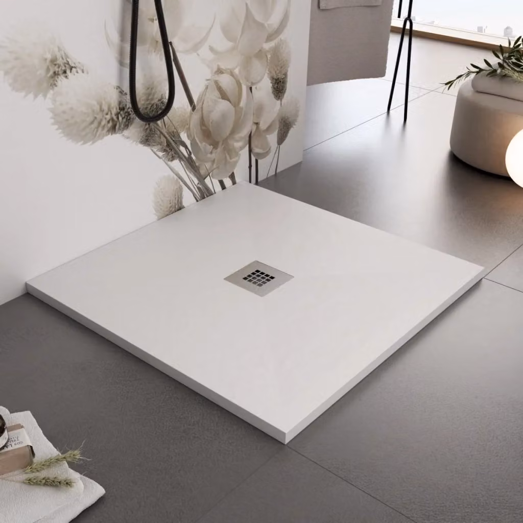 Piatto doccia quadrato Olimpo Docce Star Plus in marmoresina bianco con griglia in acciaio inox e piletta, L: 70 cm x P: 70 cm – 2