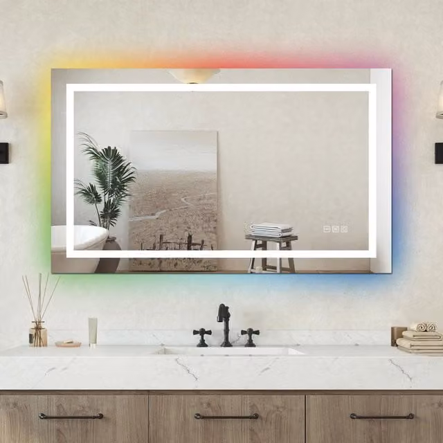 Specchio bagno Rettangolare 100x60cm Led Con 3 Luci + Iridescenza arcobaleno + Antiappannamento