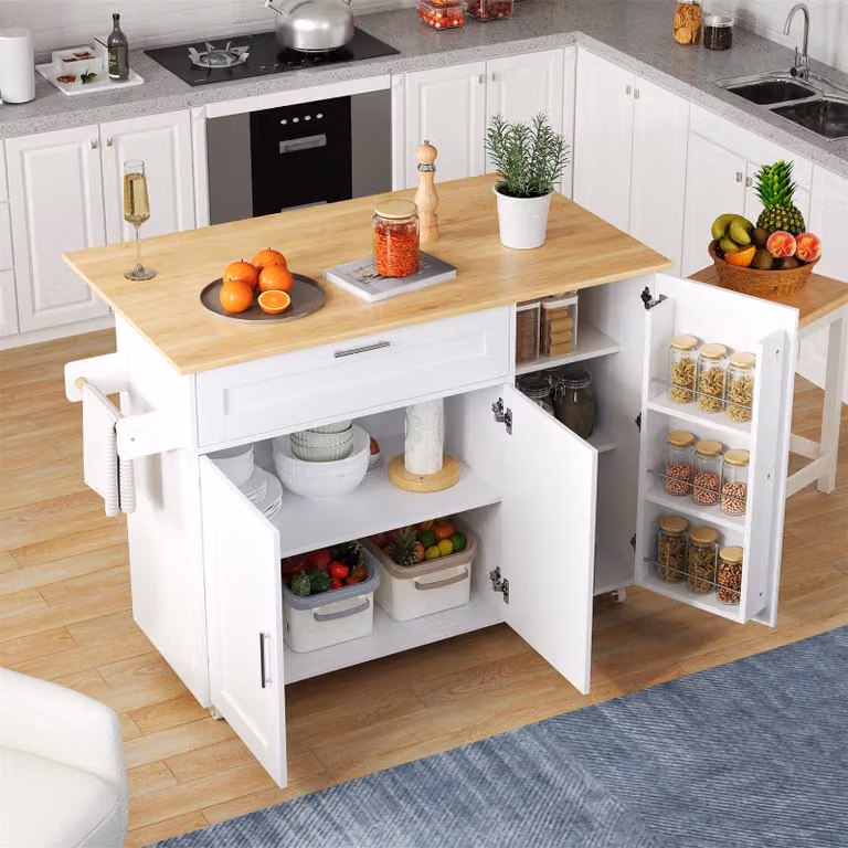 MODFU Mobile da cucina con 3 ante e 1 cassetto, tavolo con vano portaoggetti, design pieghevole - credenza con portasciugamani per soggiorno, camera da letto, camera dei bambini, camera dello studente e ufficio, bianco
