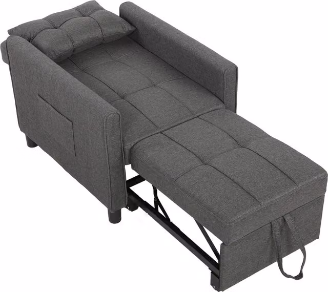 Poltrona Letto Singolo 3 in 1 HOMCOM in Tessuto Effetto Lino e Legno con Schienale Reclinabile, Cuscino e Tasche, Grigio – 1