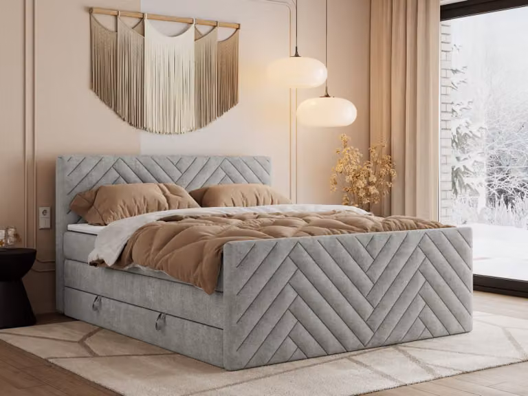 Letto boxspring MKS MEBLE 180x200 con contenitore e materasso H3 - Paris King Duo - Grigio chiaro testurizzato