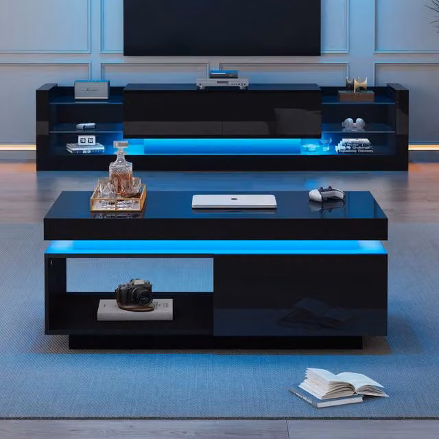 Set soggiorno TV e tavolino in finitura lucida nero con LED; 181 cm; truciolare