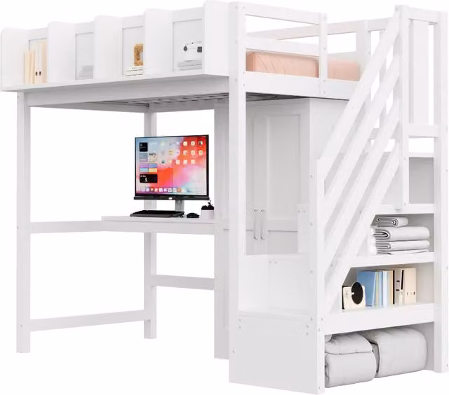 Letto a soppalco singolo REDOM in legno laccato bianco con scrivania, armadio, scale, illuminazione LED e porte USB, L/P/H: 252.5 x 95 x 170 cm