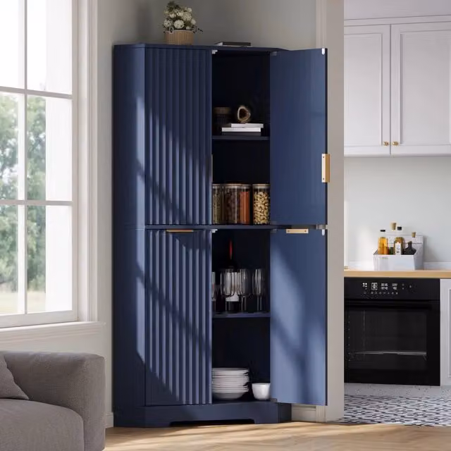 Armadio angolare con ripiani regolabili e ante scanalate MDF blu per cucina e soggiorno 60 × 60 × 172 cm