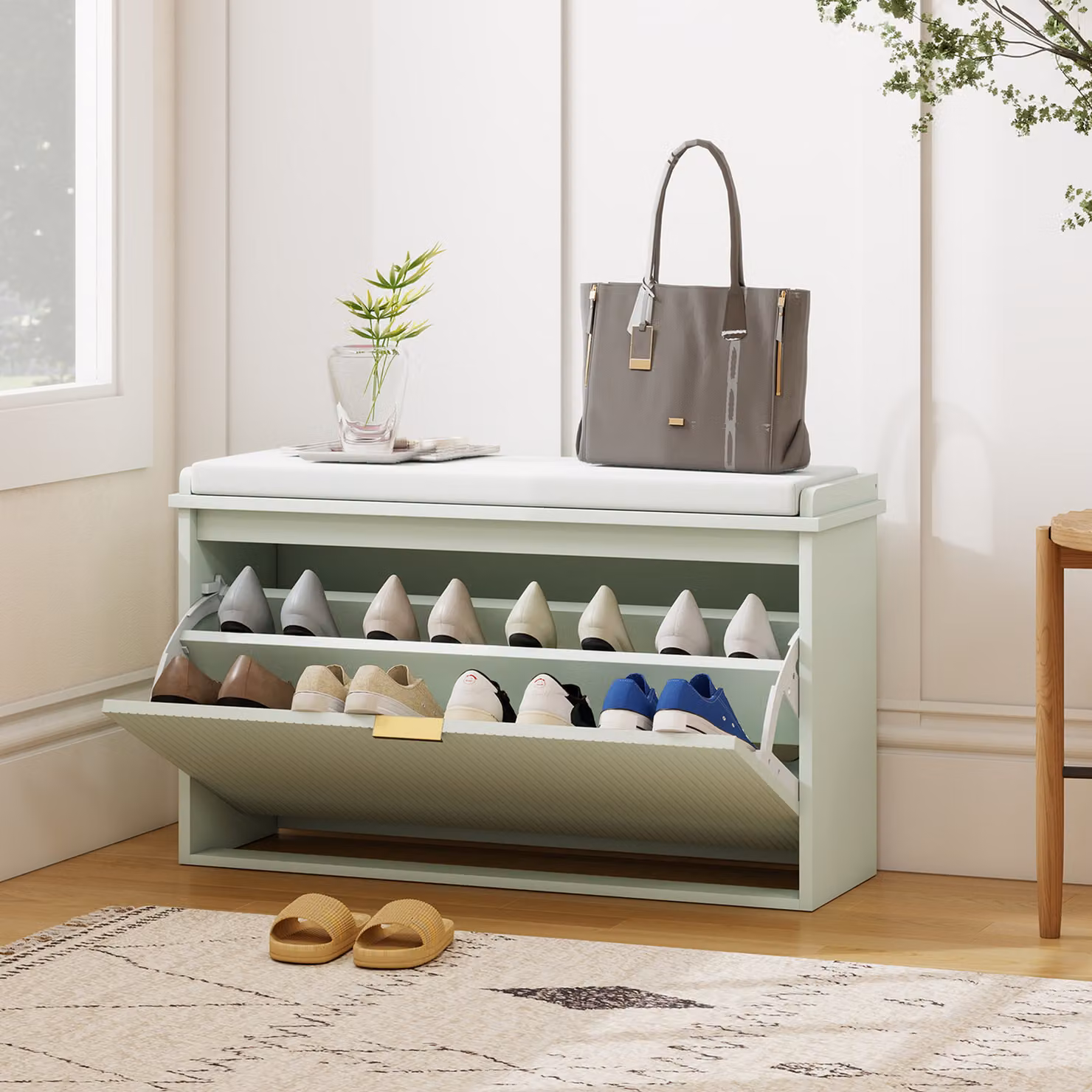 Panca Portascarpe HOMCOM con Cuscino Imbottito e Cassetto Ribaltabile per Corridoio e Camera, L: 80 cm, P: 26 cm, H: 47.5 cm, Verde – 2