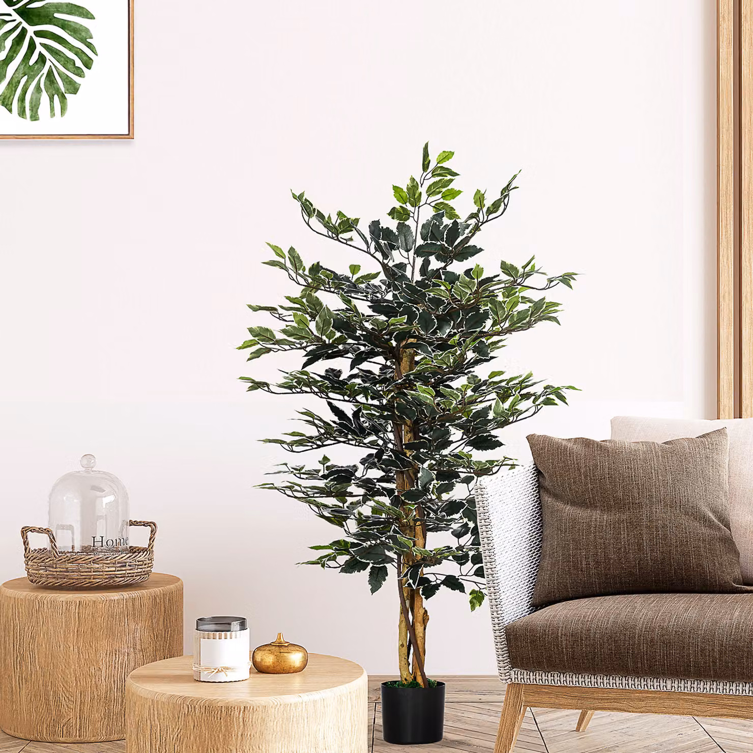 Pianta Artificiale Fico HOMCOM con 3 Tronchi e Vaso, Verde e Bianco, Altezza: 130 cm, Diametro Vaso: 15 cm – 2