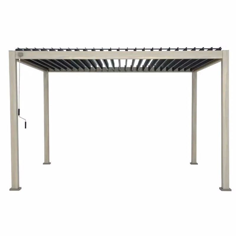 Pergola bioclimatica autoportante Ombréa con effetto legno e lamelle grigie, L: 400 cm, P: 300 cm, H: 251 cm – 2