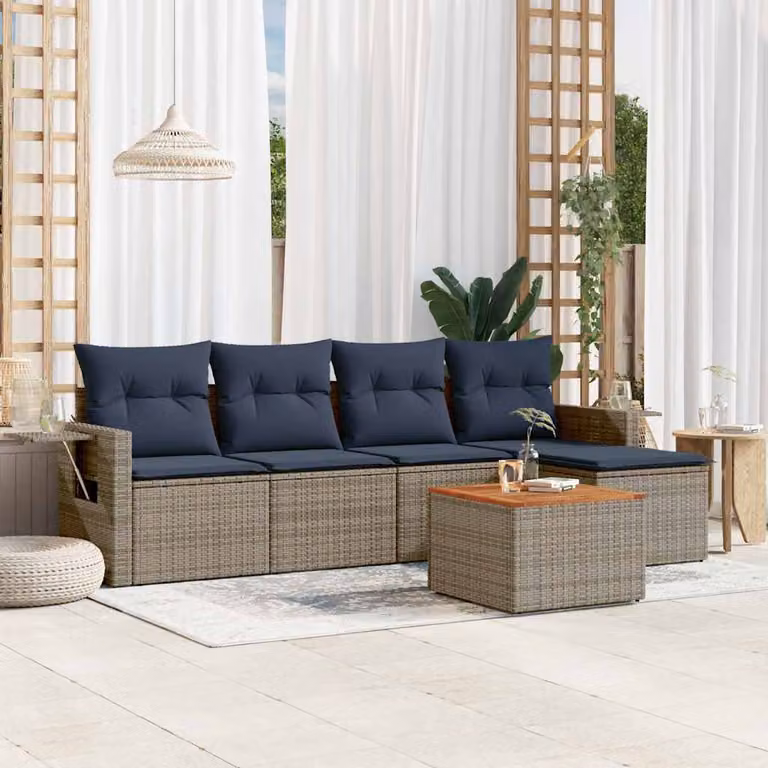Set di divani da giardino vidaXL in polyrattan grigio con cuscini, tavolo e pouf, composizione a L moderna per terrazzo e giardino
