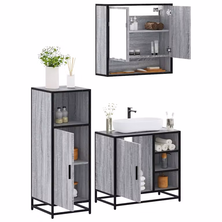 Set Mobili da Bagno Industrial vidaXL in Legno e Metallo Grigio con Armadietto Specchio e Mobile Lavabo
