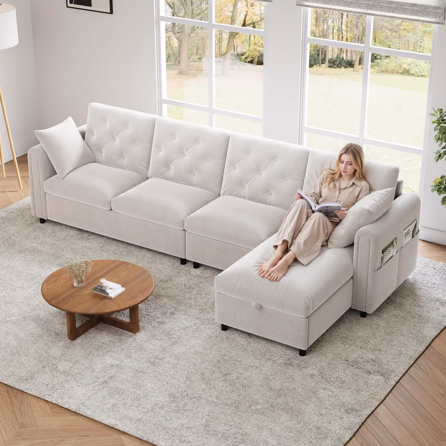Merax divano angolare a L 4 posti, divano con box letto, funzione letto, cuscini e tasche porta riviste, divano, set di divani, velluto, beige