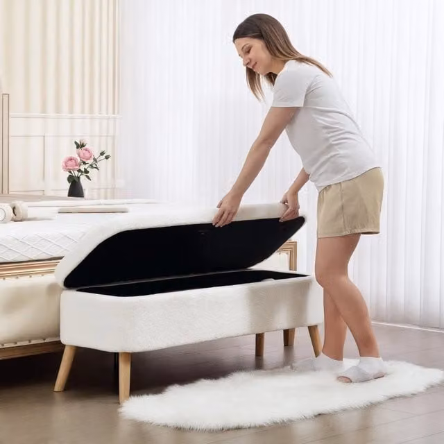 Panca contenitore OKWISH in legno di caucciù bianco con seduta imbottita in pile, L 120 x P 42 x H 45 cm – 1