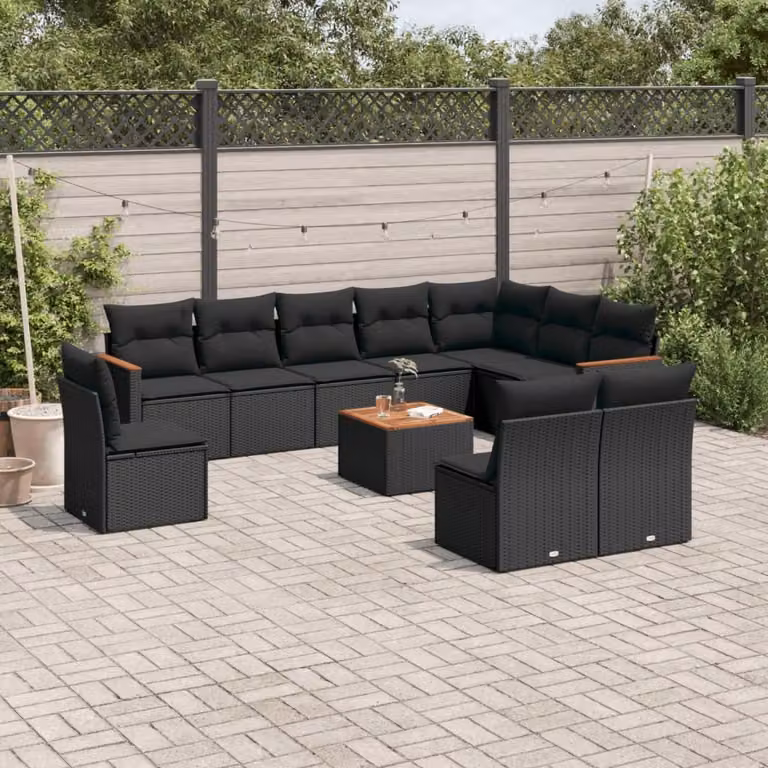 vidaXL Set Divani da Giardino 11 pz in Polyrattan Nero con Cuscini e Tavolino da Esterno