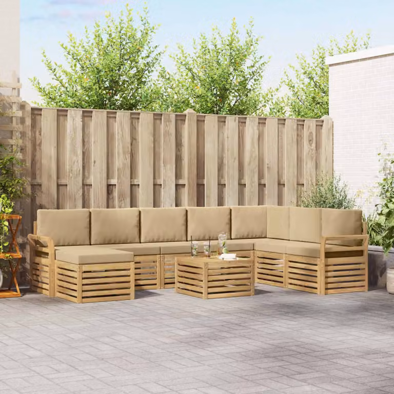 Set di divani da esterno vidaXL 9 pz a forma di L con tavolino e pouf, legno di acacia e tessuto in poliestere bianco e beige