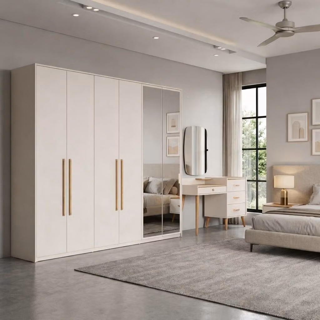 Set moderno per camera da letto, bianco, composto da: armadio lussuoso e comò in legno (2 pezzi)