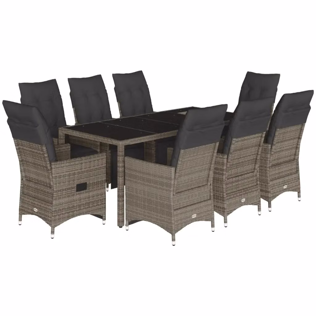 Set Bistrò da Giardino vidaXL in Polyrattan Grigio con Cuscini e Tavolo in Vetro, 9 Pezzi – 2